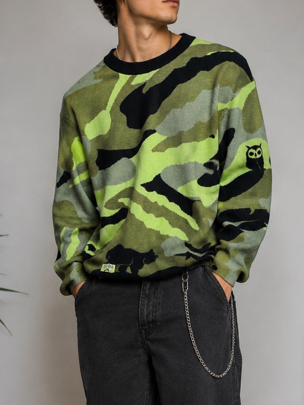 DirtyBird Campout 2021 Bear Owl Knit Camo Streetwear Sweater Size 3XL Sold Out